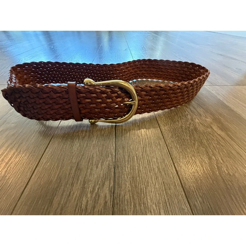Michael Kors Cognac Brown Braided Woven Belt Gold Buckle Large